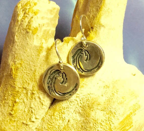 Sterling and Fine Silver Antiqued Wave Disk Earrings