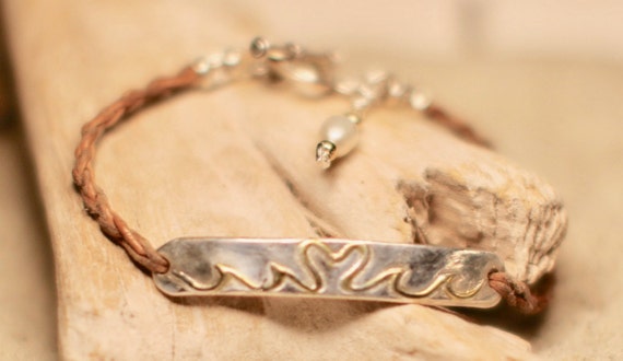 Fine Silver Bar Bracelet with 22k Gold Plated Heart-Wave Design on a Leather Braided Cord 7.5" Long
