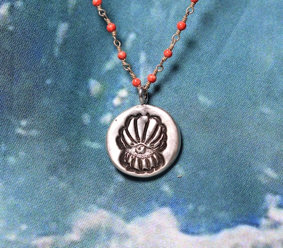 Sterling Silver Clam Shell Necklace with Coral Beads