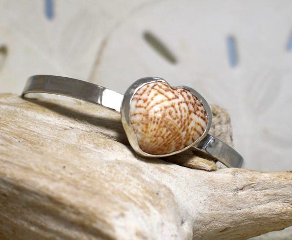 Bezel Set Scallop Shell in the Shape of a Heart on a Sterling Silver Adjustable Heart