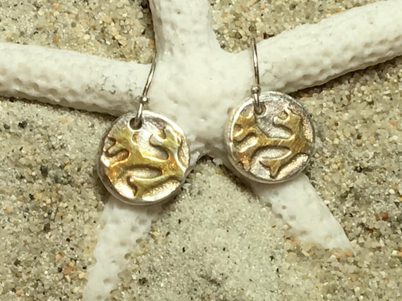 Handmade Sterling Silver Coin Earrings, with 22k plated Coral, For ocean lovers