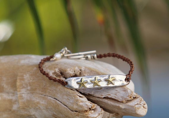 Brown Braided Leather Band • Sterling Silver Bar • 3 22k Gold Painted Starfish