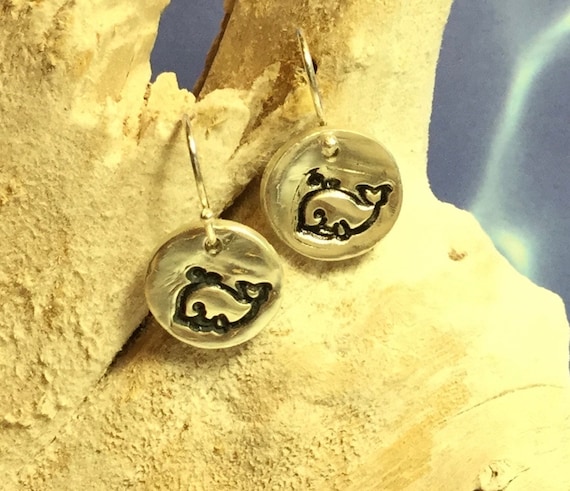 Sterling and Fine Silver Antiqued Whimsical Whale Disk Earrings