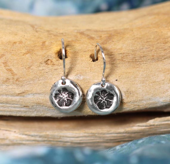 Handmade Coin Earrings • Sterling Silver • Precious Metal Clay • Antiqued Hibiscus Flower