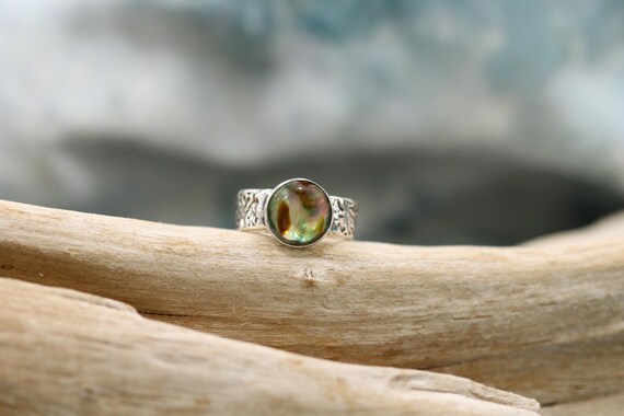 Fine Silver Ring With Coral Impression and 10mm SS Bezel Paua Shell Size 6