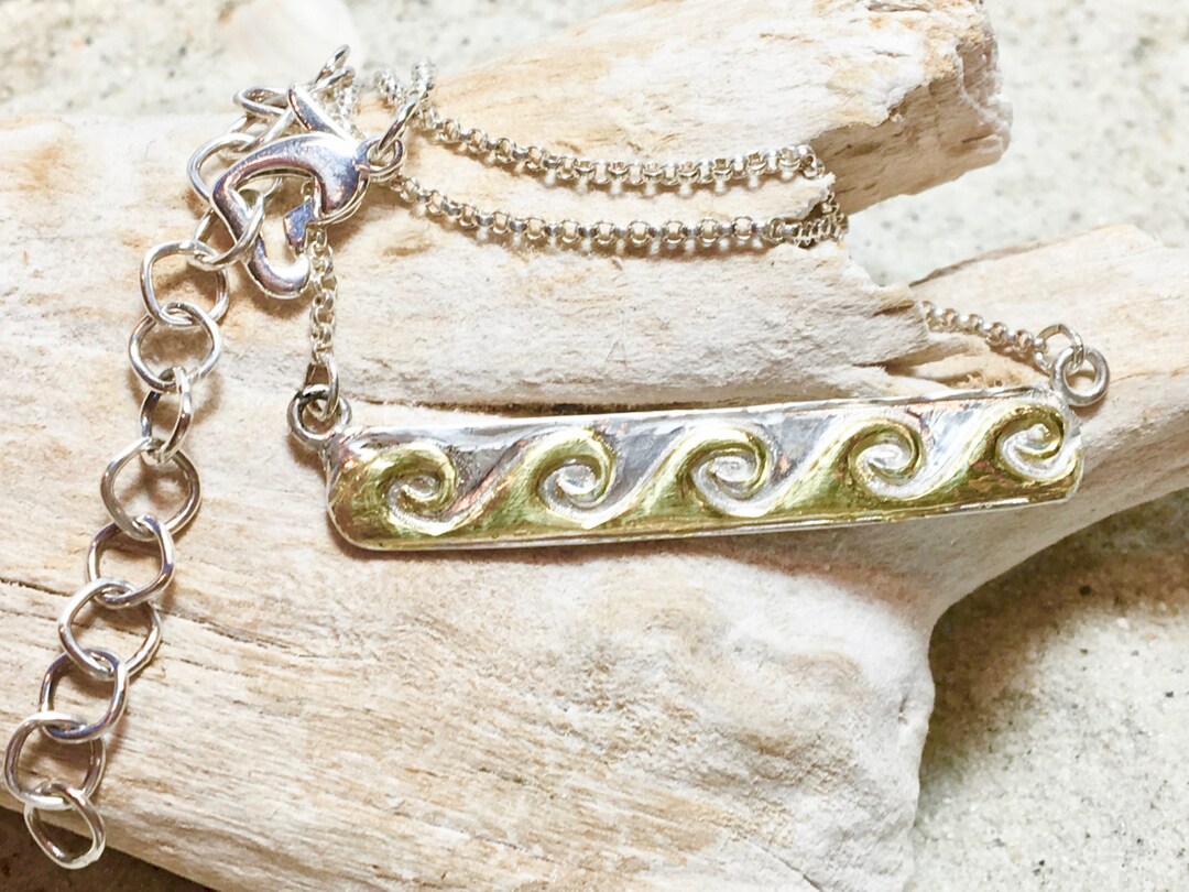Sterling and Fine Silver Bar Necklace With Gold Plated Waves