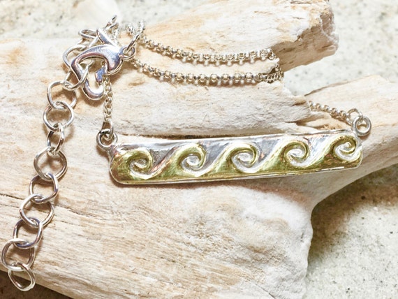 Sterling and Fine Silver Bar Necklace With Gold Plated Waves