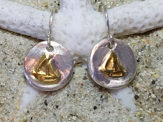 Sterling and Fine Silver 22K Gold Plated Sailboat Coin Earrings