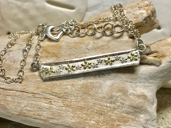Fine Silver Bar Floral Necklace with Sterling Chain and Raised Gold Plated Flowers