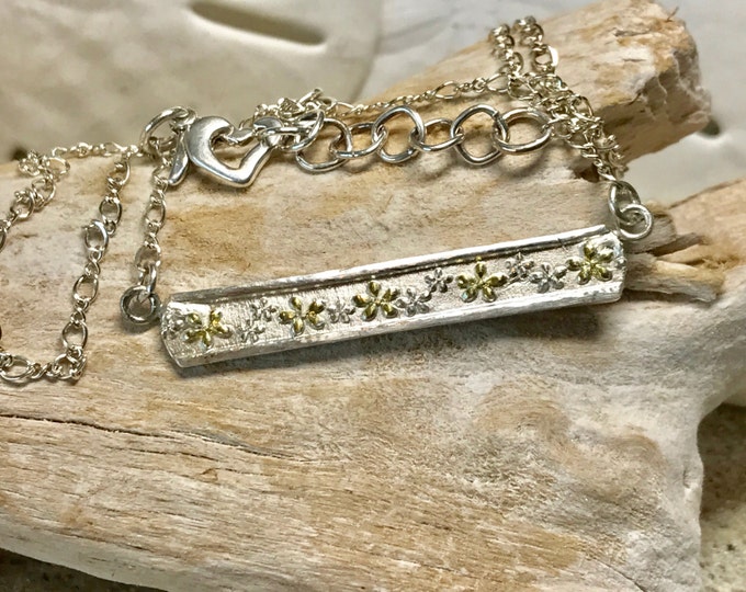 Fine Silver Bar Floral Necklace with Sterling Chain and Raised Gold Plated Flowers