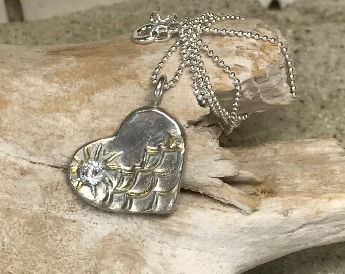 Fine Silver Heart Necklace With CZ Diamond Sun and Gold Plated Waves