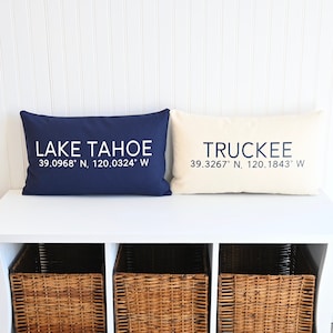 Lake Tahoe or Custom Location Longitude Latitude Rectangular Pillow Cover 12 x 20