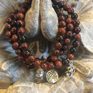 Mahogany Obsidian Mala, Emotional Stabilization, Mahogany Obsidian bracelet, Buddha, Root Chakra, Tree of Life, Ohm, Gemstone bracelet