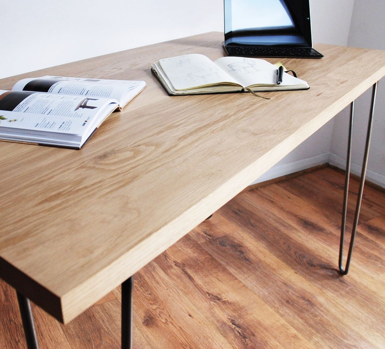 Natural Solid Oak Desk With Vintage Mid Century Metal Hairpin Legs Wood