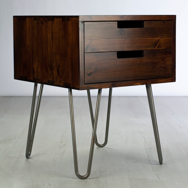 Vintage Retro Industrial Side Table Two Drawers Metal Hairpin Legs Solid Wood Rustic Dark Jacobian Finish