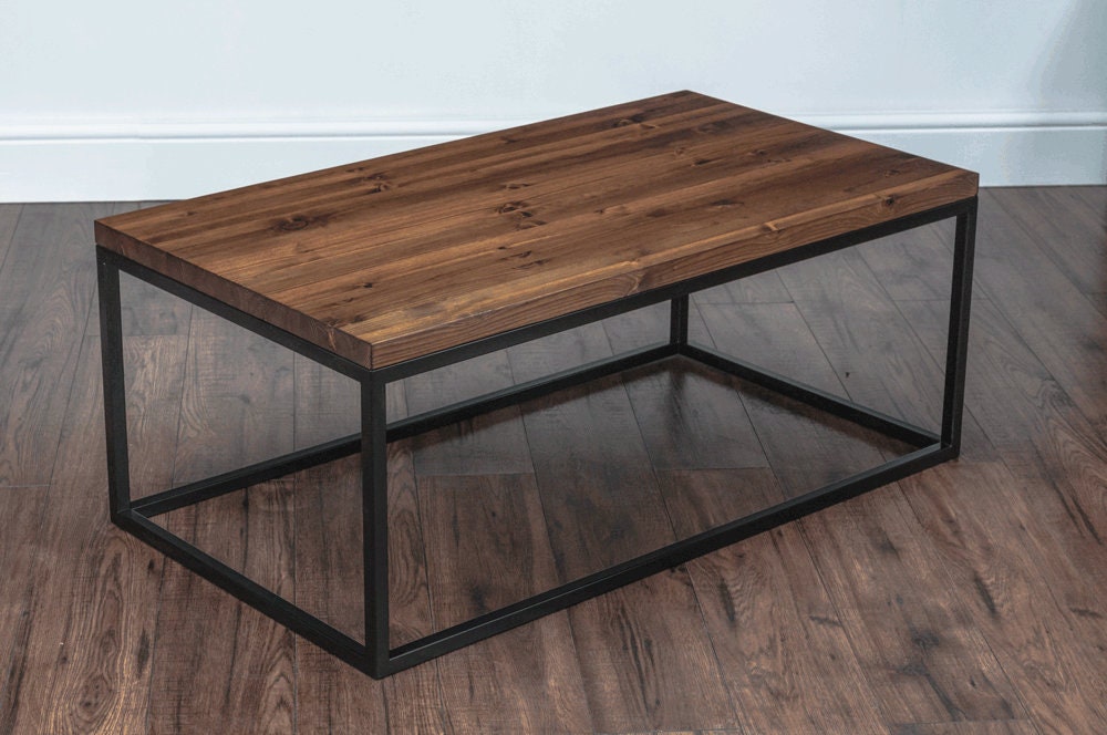Calia Style Coffee Table Solid Wood With Black Metal Frame base