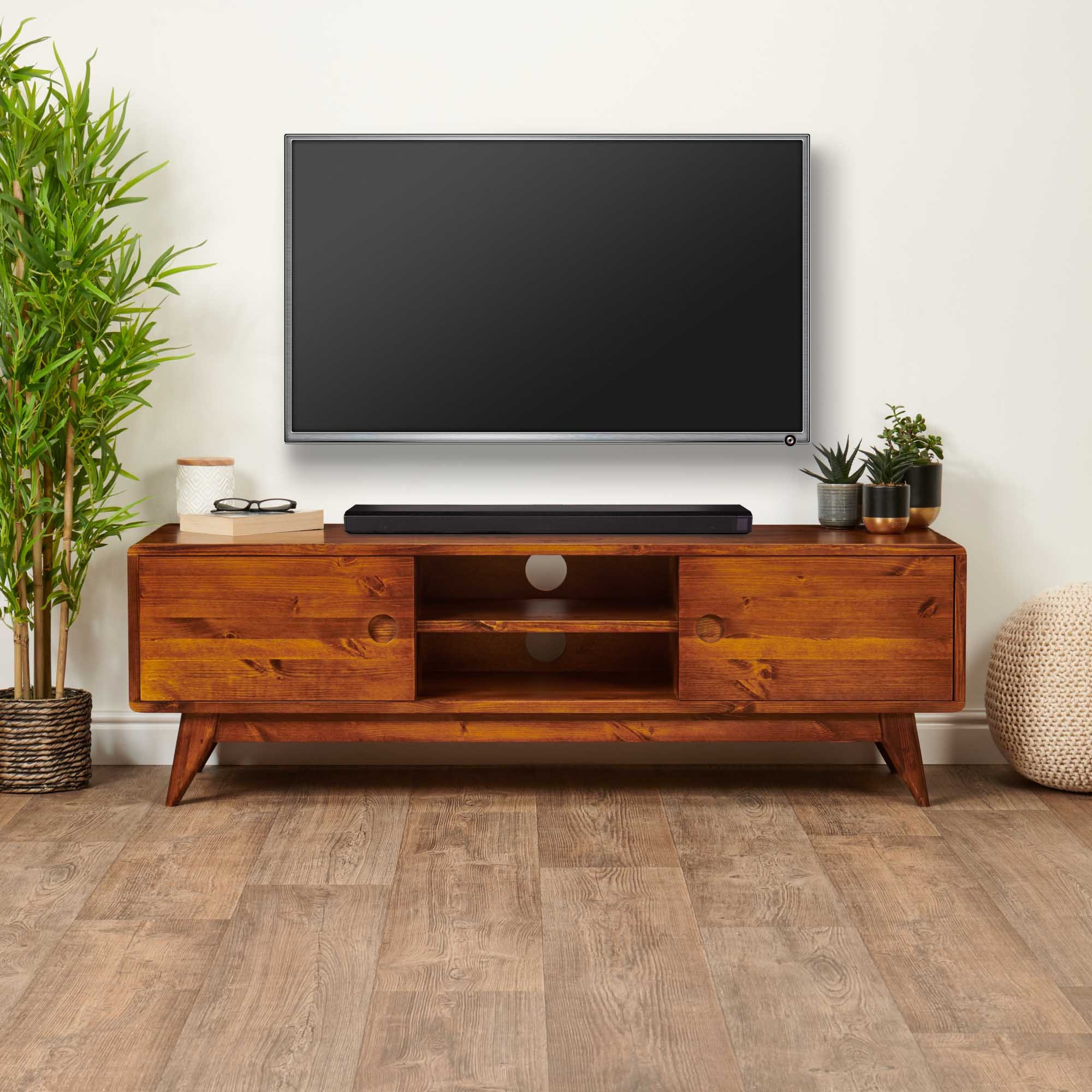 Meuble TV mural de 130 cm, support TV flottant avec 2 tiroirs, étagère de  rangement multimédia pour salon, console multimédia sous la télévision avec  trou de câble/décoration : : Maison