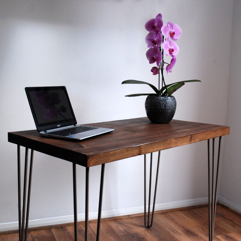 Retro Rustic Industrial Solid Wood Desk Metal Hairpin Legs Medium Dark