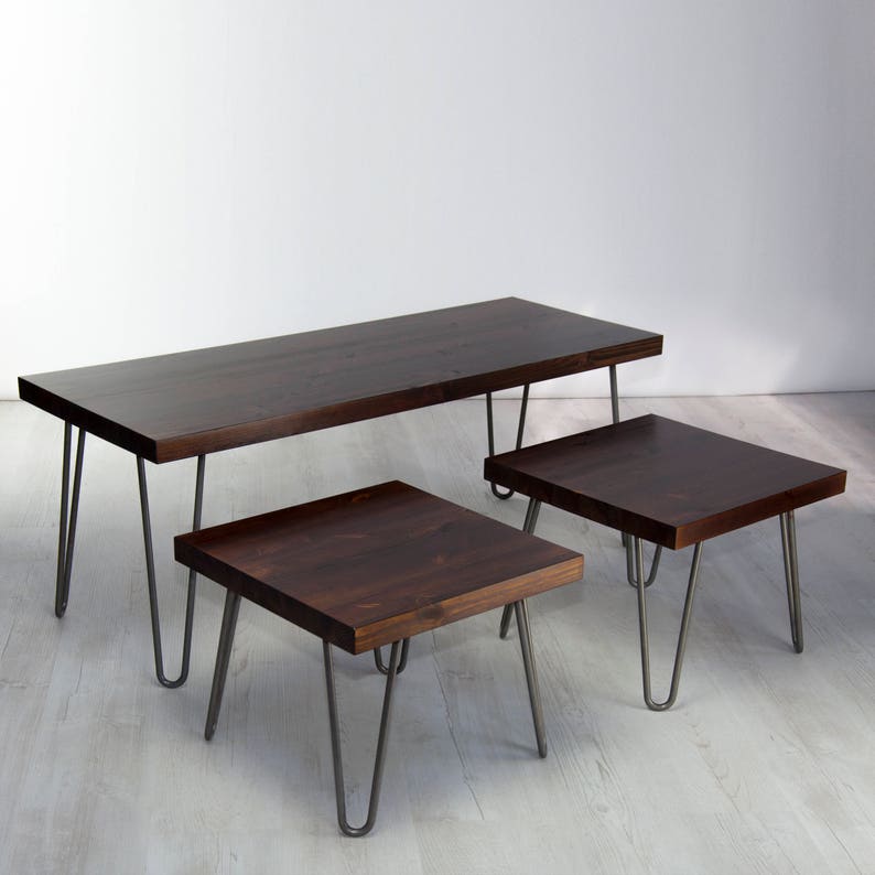 Vintage Industrial Solid Wood Coffee Table Set Three Nest Metal Hairpin Legs Rustic Jacobian Dark Finish