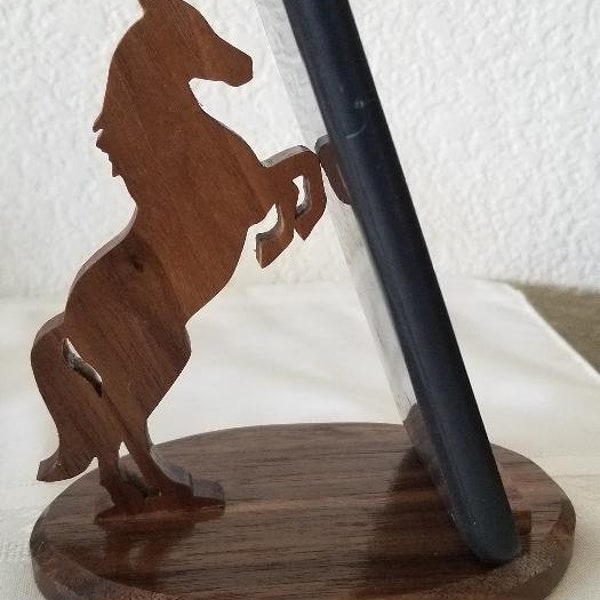 Horse phone stand. Hand crafted from solid walnut hardwood.