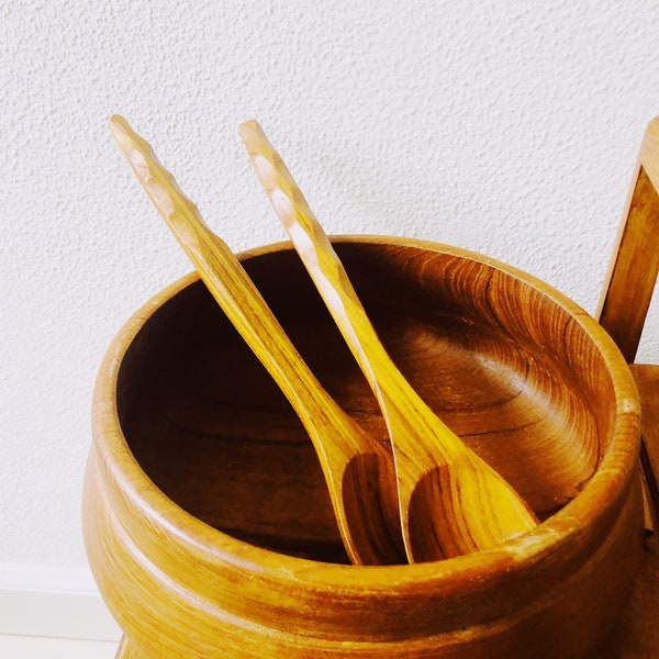 Vintage Holz Salat-Box mit Salat Besteck 1960er Jahre