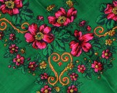 Soviet shawl. Soviet green scarf. Cotton Polyester shawl. Ukrainian style. Head Scarf with flowers. Vintage USSR. green scarf with flowers.