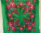 Soviet shawl. Soviet green scarf. wool shawl. Ukrainian style. Head Scarf with flowers. Vintage USSR. green scarf with flowers.