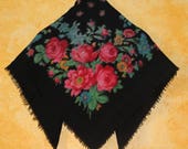 Soviet Wool scarf. Ukrainian shawl. Wool. Flower scarf. Black roses. USSR. Vintage 80 39 s. babushka