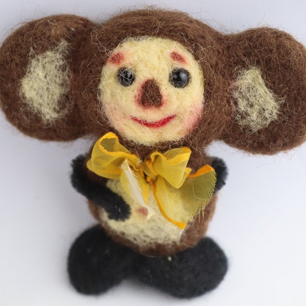 Rare brooch Cheburashka with a bow-knot. felted wool vintage Cheburashka. Retro Toy Cheburashka. cartoon Toy. Чебурашка. kids pin. badge
