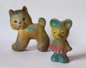 Rari giocattoli di gomma sovietici gatto e topo, realizzati in giocattolo dell'URSS, gattino sovietico molto raro. topo e gatto sovietici vintage. Giocattolo. Giocattolo sovietico