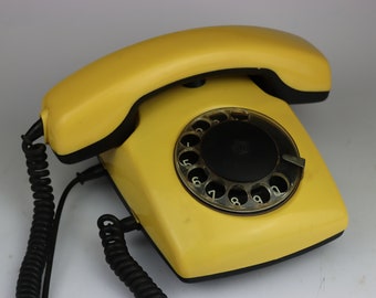 1988 Soviet phone. Desk phone. rotary phone. Disk phone. Yellow phone. Vintage phone USSR.