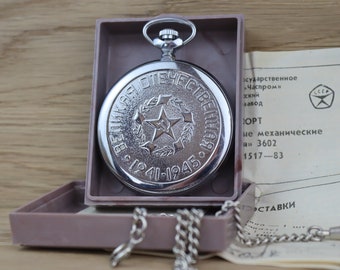1990 Neue seltene Taschenuhr Molnija Star Victory WWII mit Originalbox, sowjetische Hammer- und Sichel-Herrenuhr, mechanische Uhr, Vintage-Geschenk