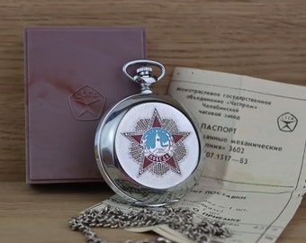 1990 New Rare pocket watch Molnija Star Victory WWII with native box, Soviet Hammer and sickle mens watch, mechanical watch, vintage gift