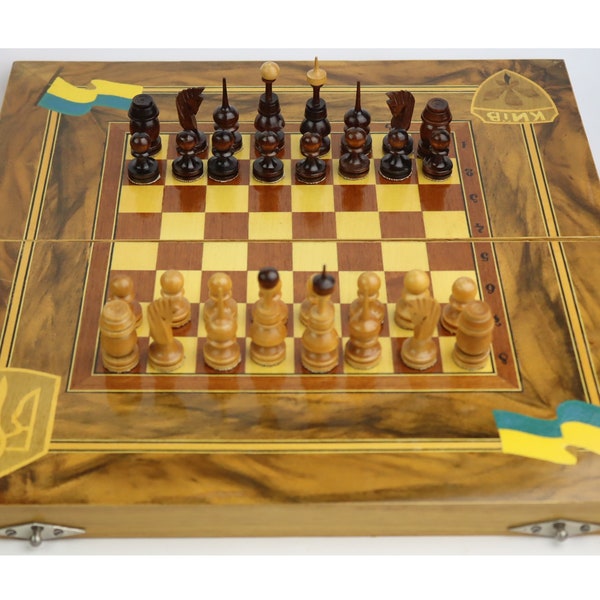 Like new vintage Ukrainian wooden small chess set, gift idea, Soviet wood chess pieces, Kyiv, Ukraine trident, made in Ukraine, Ukraine flag