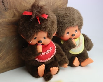 19cm Rare Pair of small Monchhichi Sekiguchi, monkey with nipple, vintage monkey, Retro Toy monkey, Japan, Ajena toy, rubber face toy doll