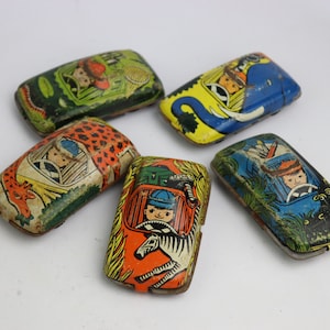 vintage collection of 5 tin racing cars jungle theme, ussr cartoon, soviet toy boa constrictor, hippopotamus, zebra, giraffe, elephant