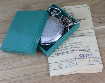 1990 New Rare pocket watch Molnija with native box, Soviet flower pattern mens watch,mechanical watch, gift openwork, vintage filigree watch