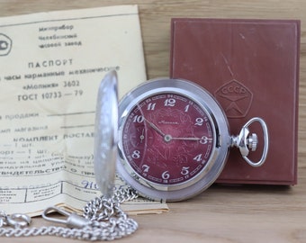 1990 New Rare pocket watch Molnija with native box, Soviet flower pattern mens watch,mechanical watch, gift openwork, vintage filigree watch