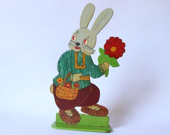 Very rare Soviet flat bright bunny in traditional russian clothes, lapti, flowers, old USSR toy, russia wooden old hare toy, rare toy bunny