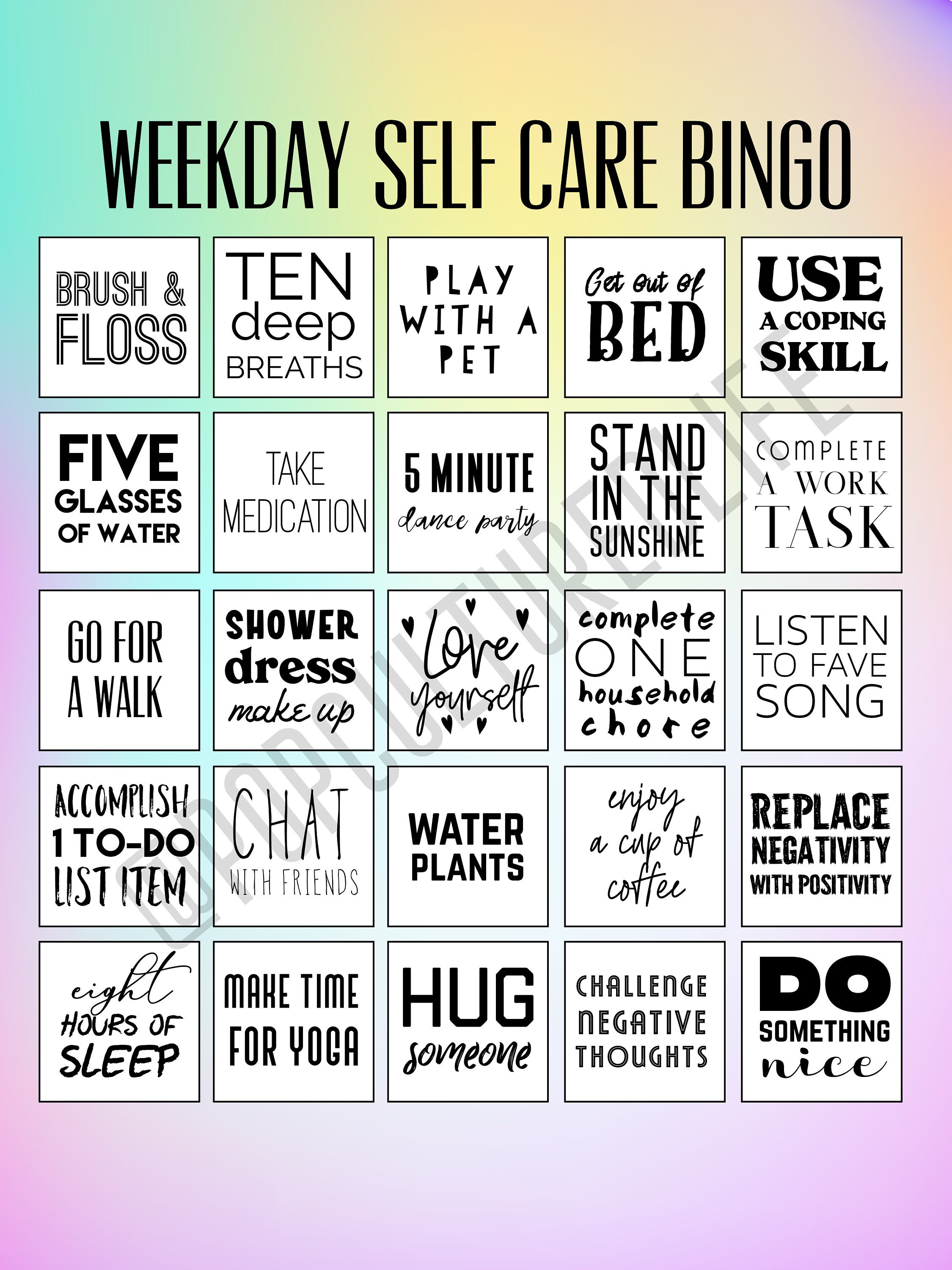Digital Prints Self Care Bingo Premade Bingo Cards Etsy