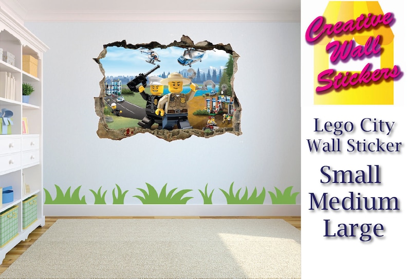 lego city wall sticker 3d effect hole in wall kids bedroom | etsy