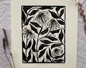GOLDEN ECHINACEA | Handprinted Art | Floral Print