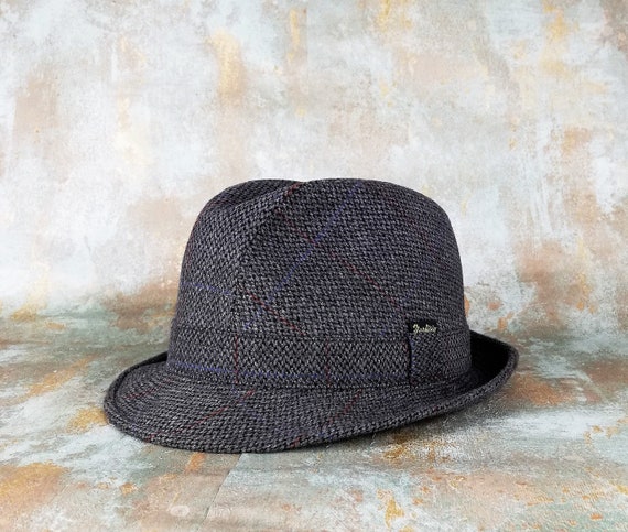 Vérifiez tweed trilby hat fedora marron gris nouveau pays hommes femmes cap à ras bord bande