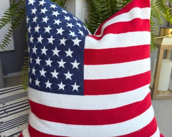 Embroidered American Flag Pillow Cover | 18x18 Farmhouse Americana Cushion