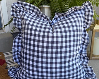 Navy Blue Gingham Ruffled Cotton Pillow Cover 18x18 inch Summer patriotic 4th of July
