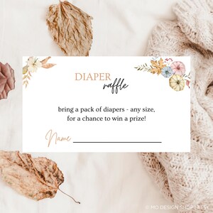Plantilla de tarjeta de rifa de pañales para baby shower de otoño y boho / Niño y niña, género neutro / Personalizable / Editable / Calabaza / Descarga instantánea