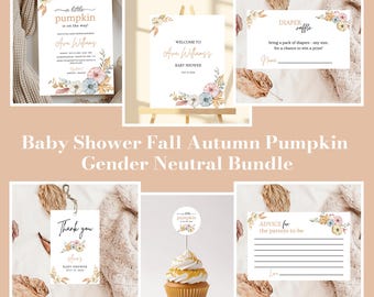Paquete de plantillas para baby shower de otoño y estilo bohemio, para niño y niña, de género neutro, personalizables, editables, con diseño de calabaza, descarga instantánea