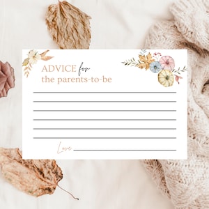 Plantilla de tarjeta de consejos para baby shower de estilo bohemio otoñal para niño y niña, de género neutro, personalizable, editable, con diseño de calabaza, descarga instantánea