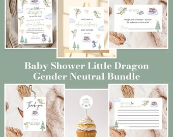 Paquete de baby shower de género neutro con temática de dragón / Año del dragón / Niño y niña / Paquete lindo / Editable / Mágico / Descarga instantánea
