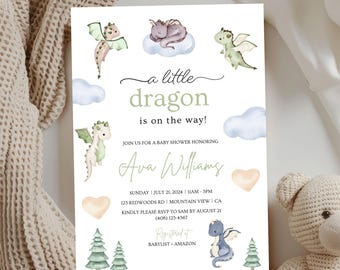 Könnte beinhalten: Babyparty-Einladung mit Illustrationen von Drachen und Wolken. Der Text lautet "a little dragon is on the way!" mit Details zur Veranstaltung für Ava Williams.